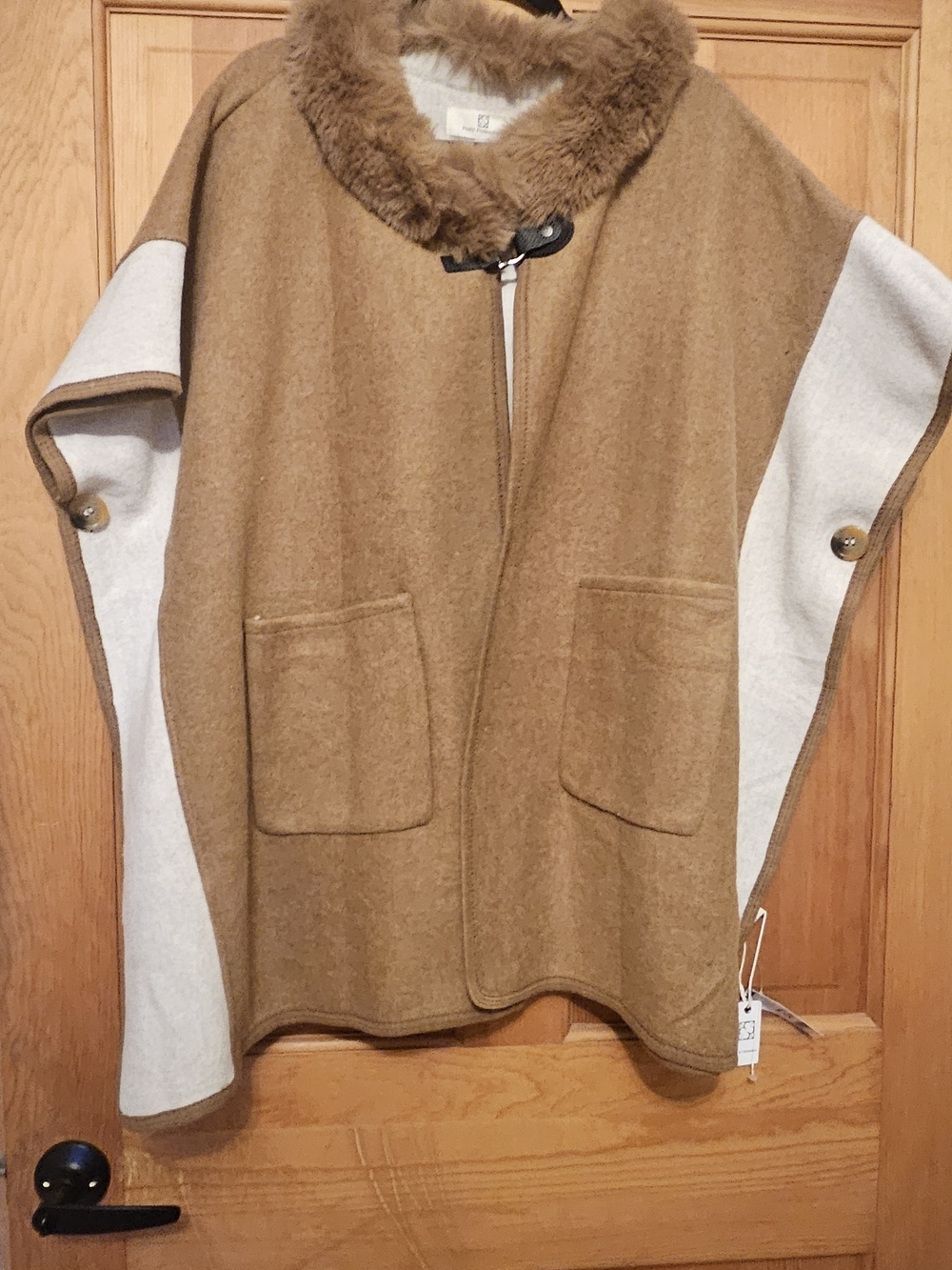 Women’s Camel Wool-Blend Cape with Faux-Fur Collar